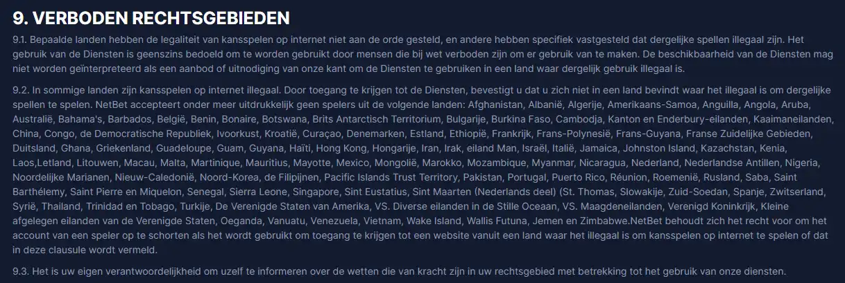 NetBet voorwaarden waarin Nederland in de lijst van uitgesloten jurisdicties staat