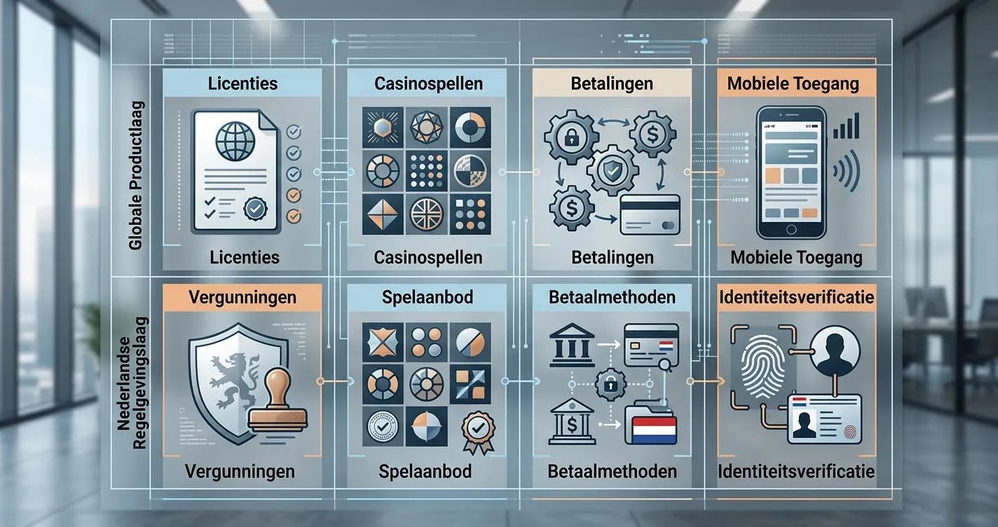 Redactionele beoordelingsmatrix met symbolen voor licentie, spellen, betalingen, mobiel en verificatie